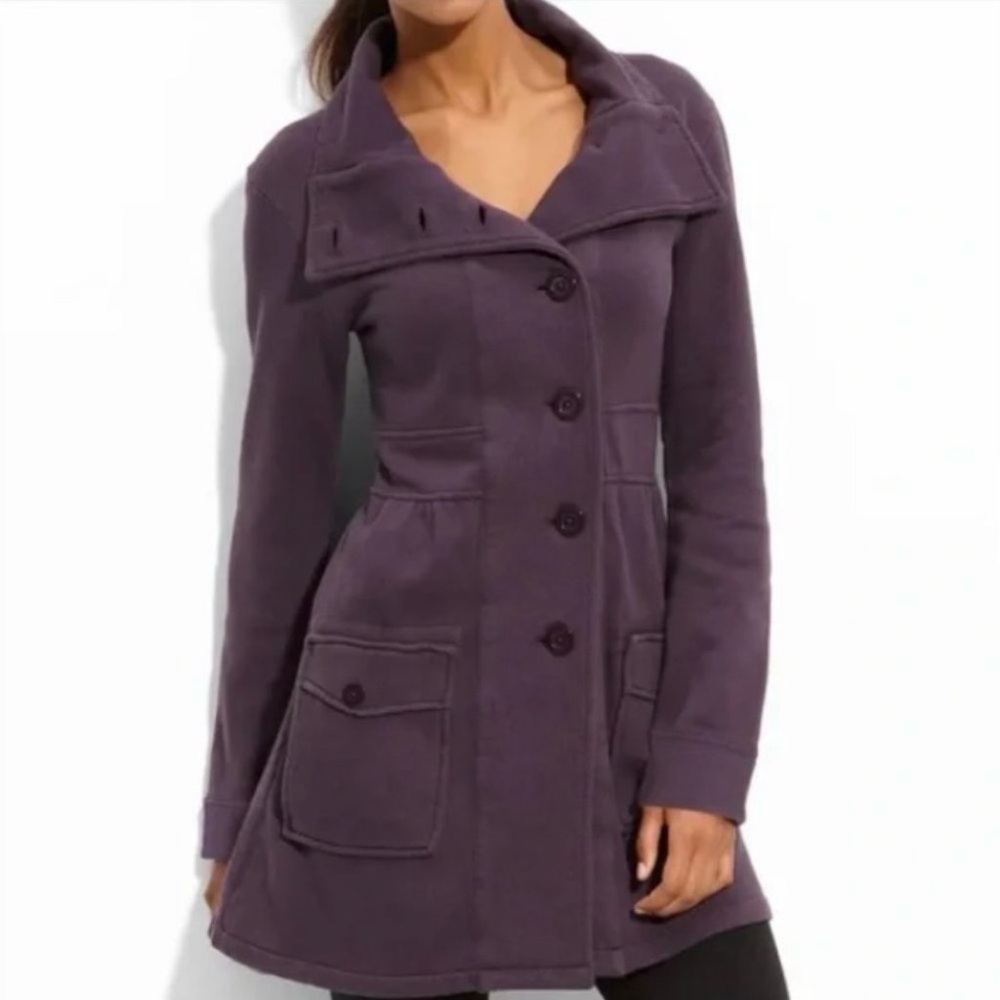 Prana Womens Sylvia Jacket in Black Berry Purple size Small 100% Cotton Pea-Coat